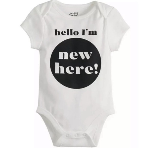 Jumping Beans Baby Bodysuit “Hello I’m New Here!” 12 Months White Black 1-piece - Picture 1 of 2